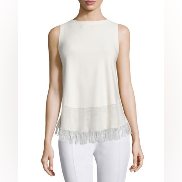Theory Vendla O White Scoop Back Fringe Linen blend Sleeveless Top Size M 10 - Picture 1 of 8